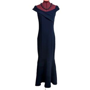 Candalite Navy Off The Shoulders Sleeveless Knit Maxi Dress Sash Front Mermaid